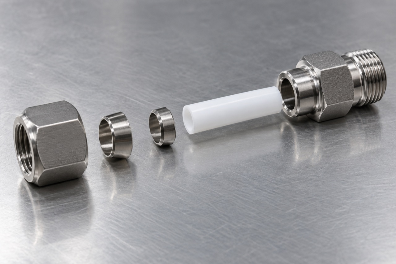Компоненты обжимного соединения рядом с трубкой PTFE